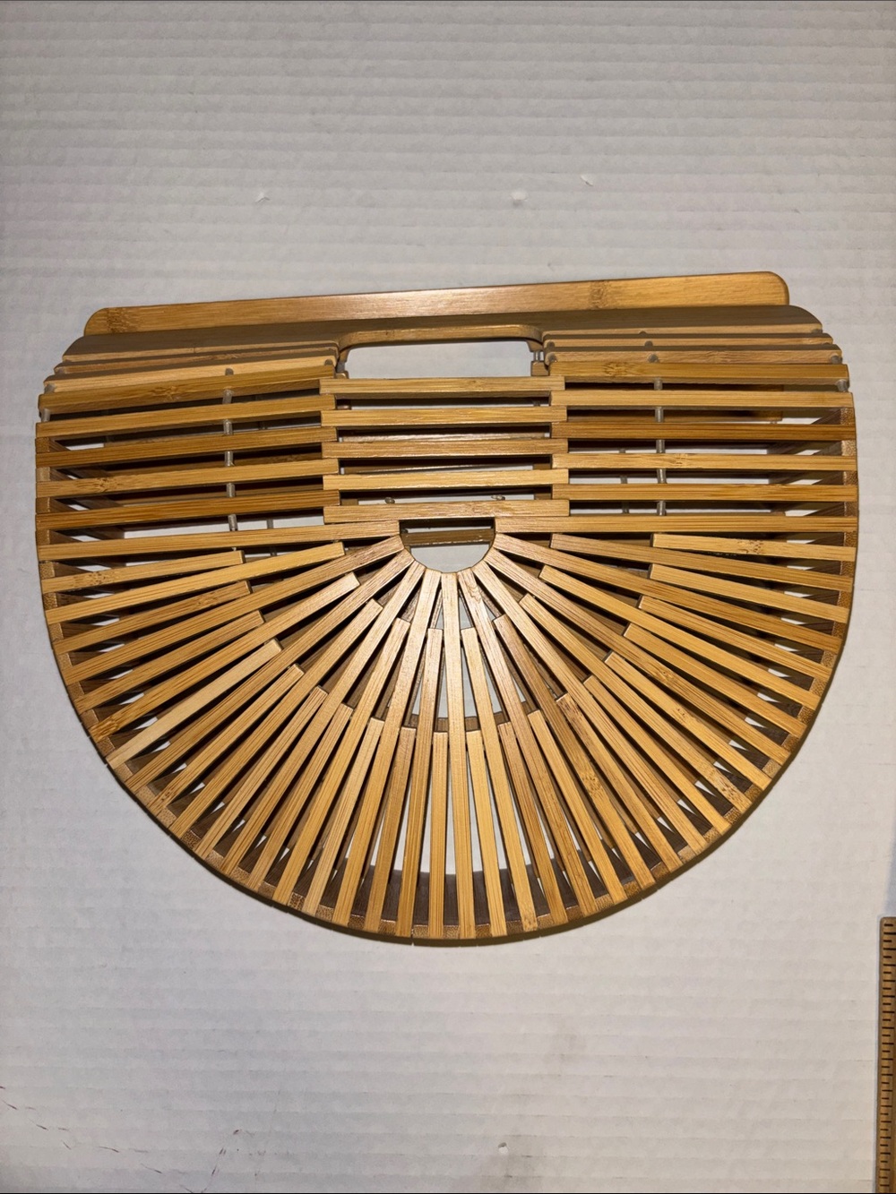 TAN BAMBOO STRUCTURED SLAT HANDBAG FAN SHAPED SEMI CIRCULAR DESIGN TOP HANDLES
